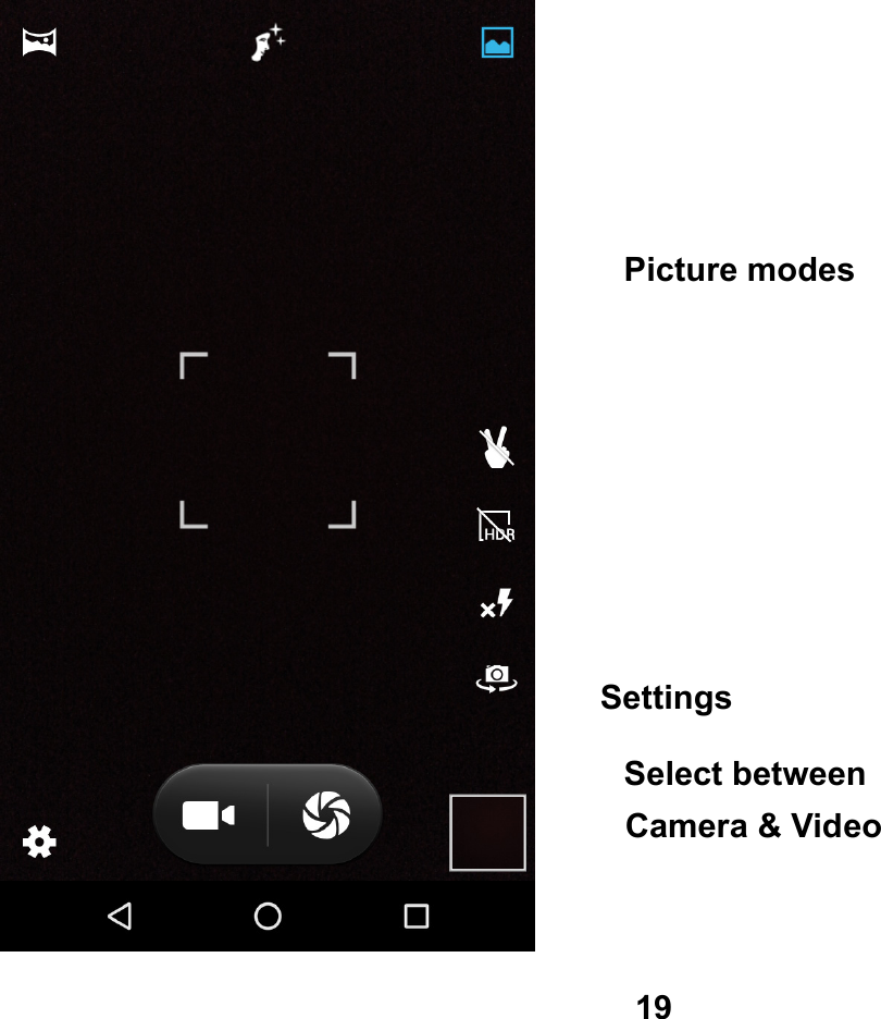   19   Select between Camera &amp; VideoSettings Picture modes 
